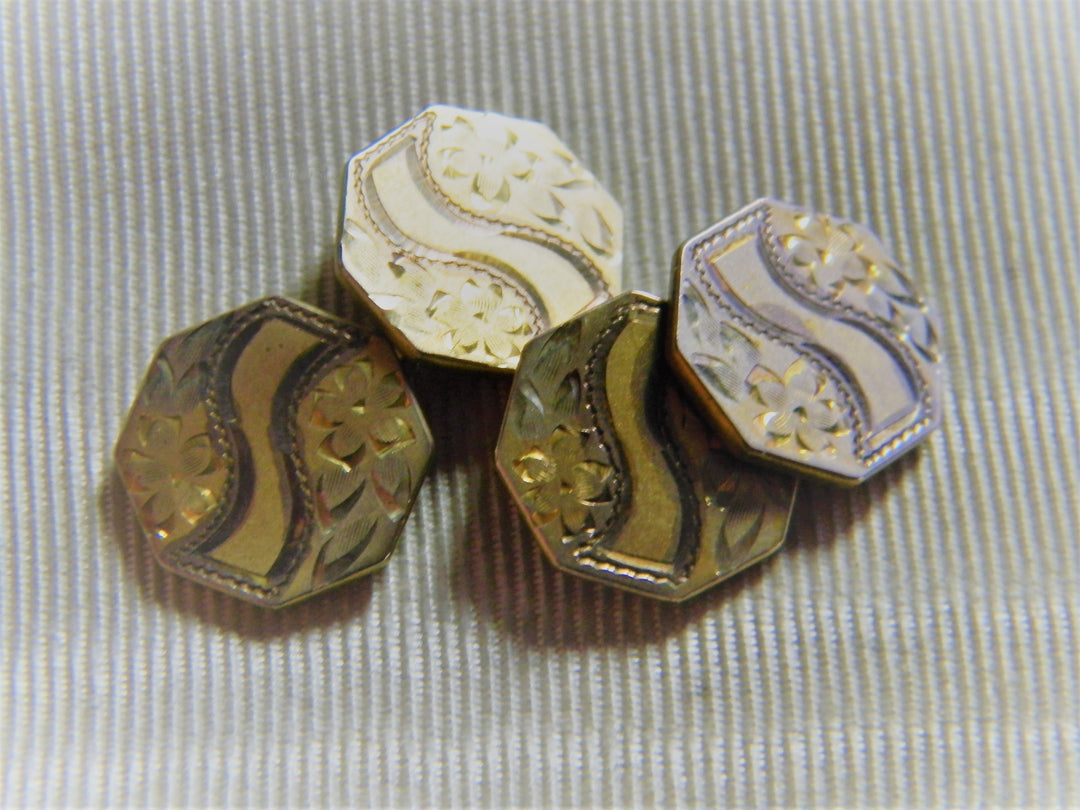 j744 Handsome Vintage Octagon Embossed Cuff Links in Gold Tone