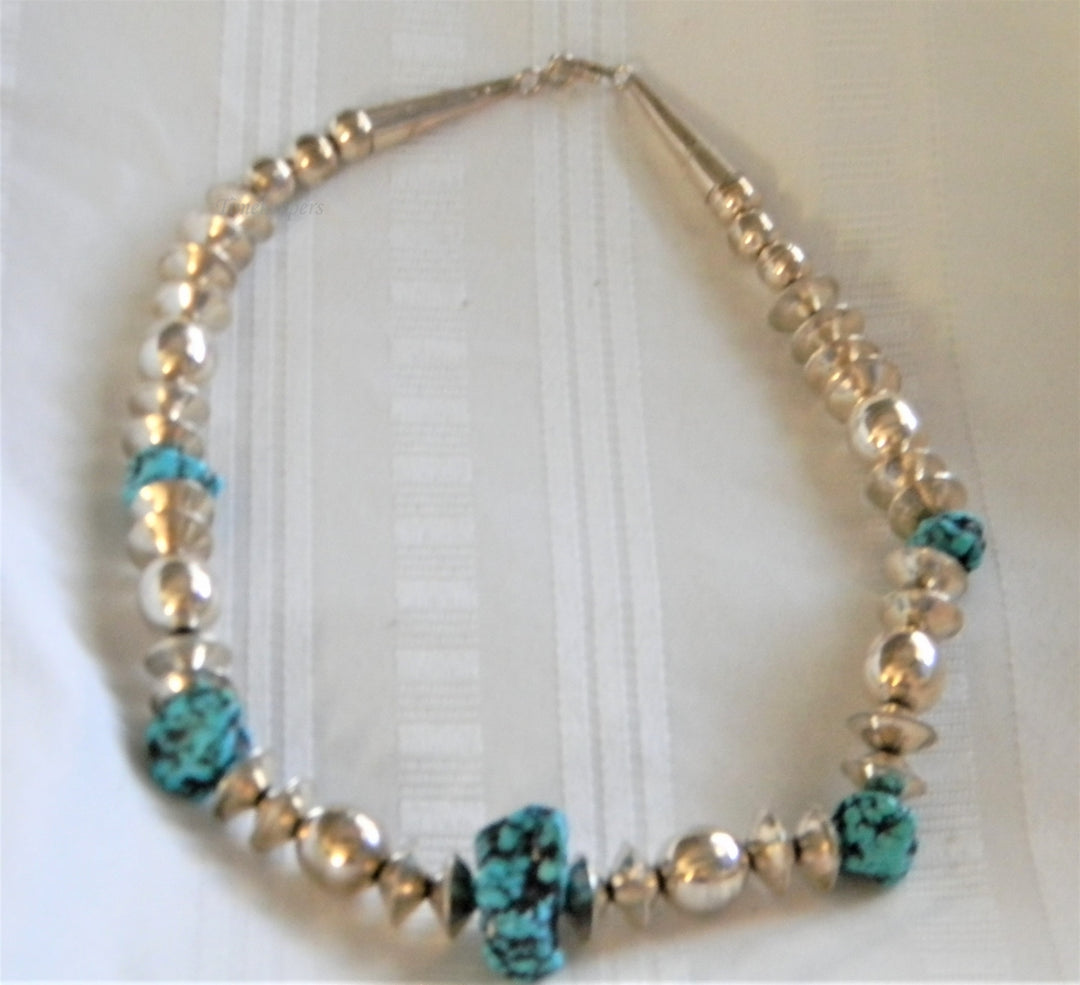 h983 Vintage Turquoise Bead and Sterling Silver Bead Necklace Hook Clasp