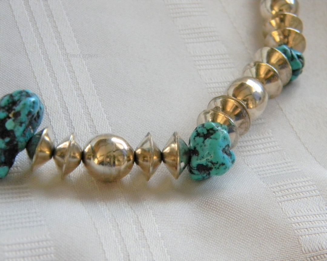 h983 Vintage Turquoise Bead and Sterling Silver Bead Necklace Hook Clasp
