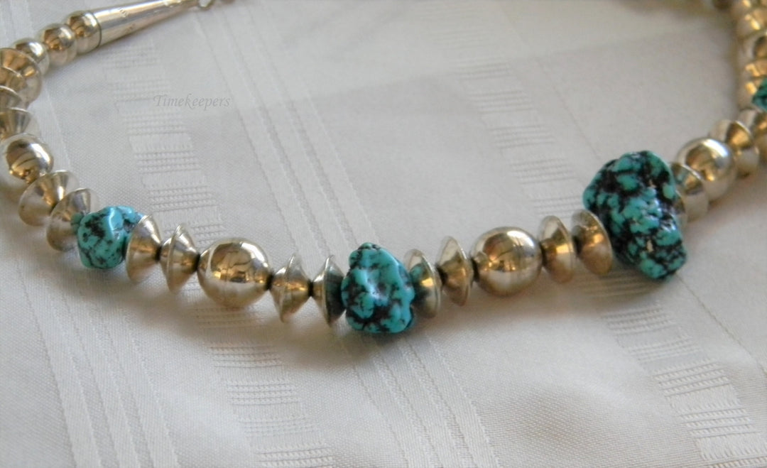 h983 Vintage Turquoise Bead and Sterling Silver Bead Necklace Hook Clasp