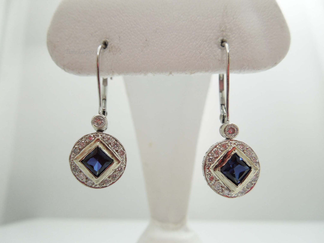 g652 Gorgeous Ladies 18kt White Gold Sapphire and Diamond Dangle Earrings