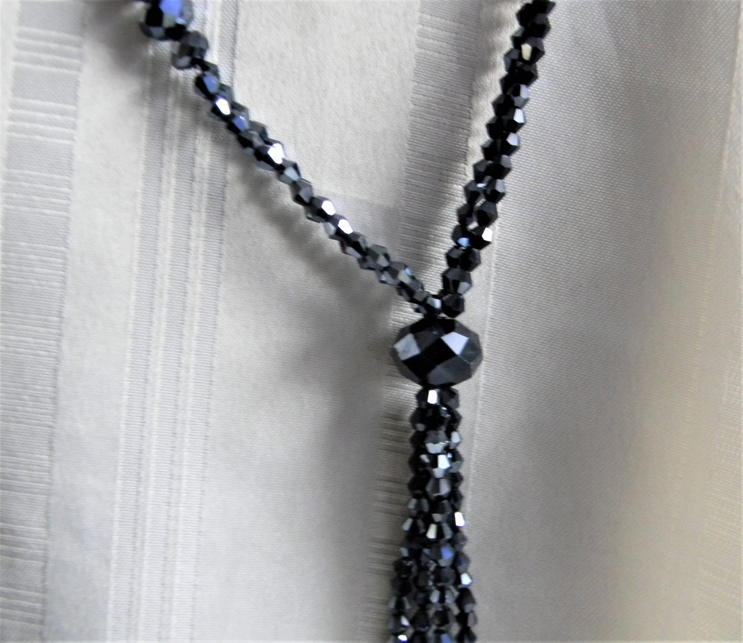 p015 Beautiful Dark Blue Borealis Beaded Tassel Continuous Necklace