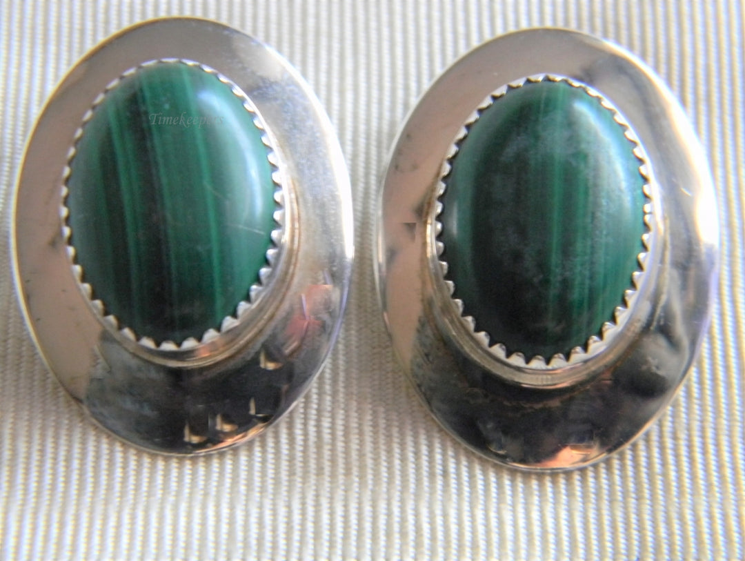 p023 Beautiful Framed Oval Malachite Sterling Silver Clip on Earrings