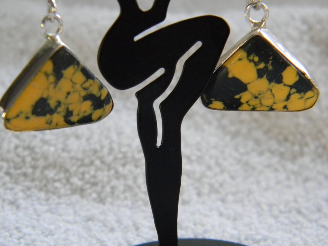 j793 Pretty Vintage Sterling Silver Earrings with Black and Yellow Jasper