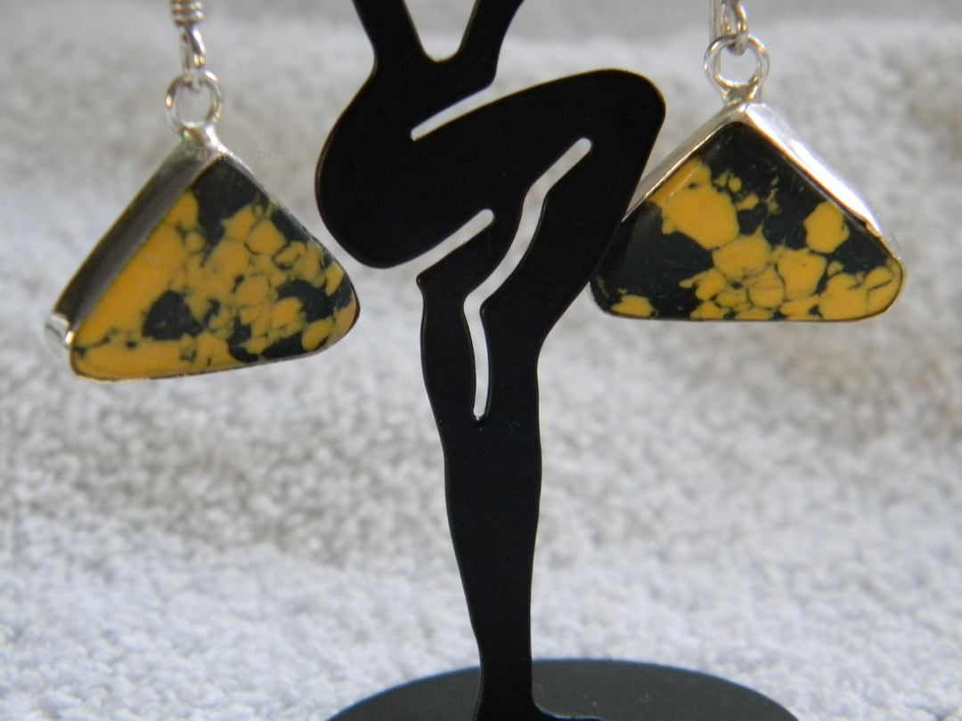 j793 Pretty Vintage Sterling Silver Earrings with Black and Yellow Jasper