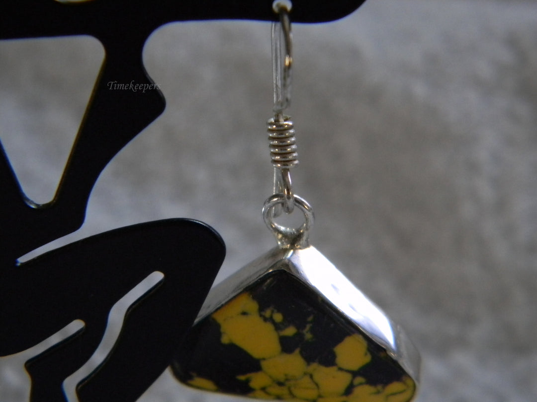 j793 Pretty Vintage Sterling Silver Earrings with Black and Yellow Jasper