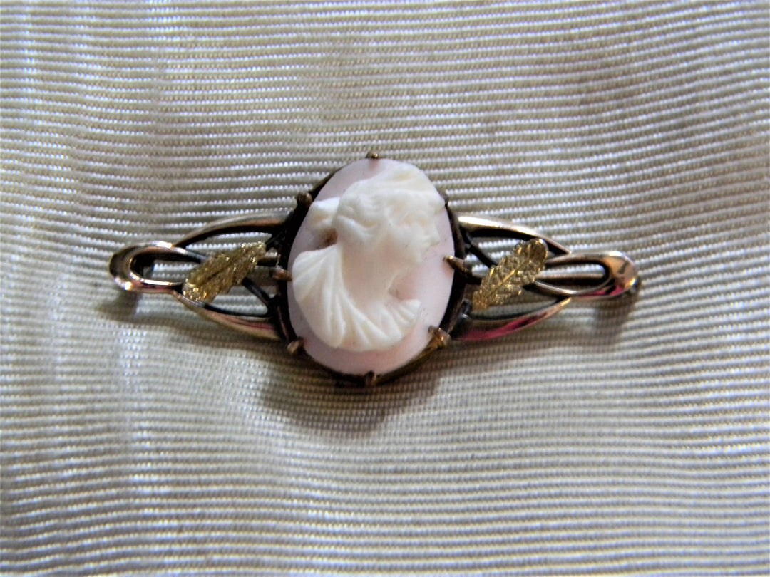j796 Pretty Vintage Gold Filled Cameo Brooch in Pink with Leaves