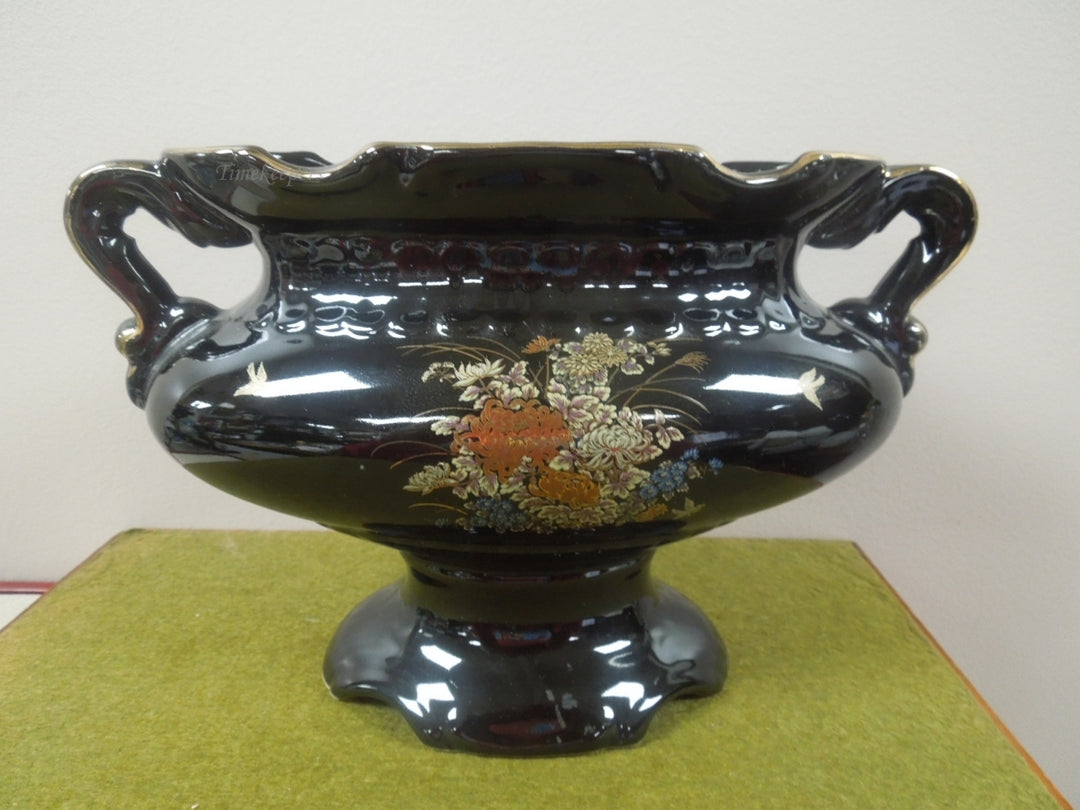 q806 Vintage Asian Black Floral Vase with 2 Handles