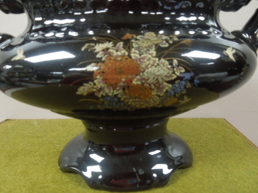 q806 Vintage Asian Black Floral Vase with 2 Handles