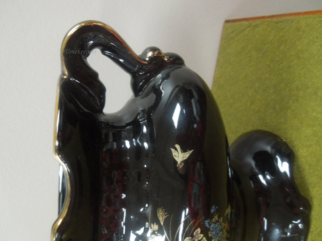 q806 Vintage Asian Black Floral Vase with 2 Handles