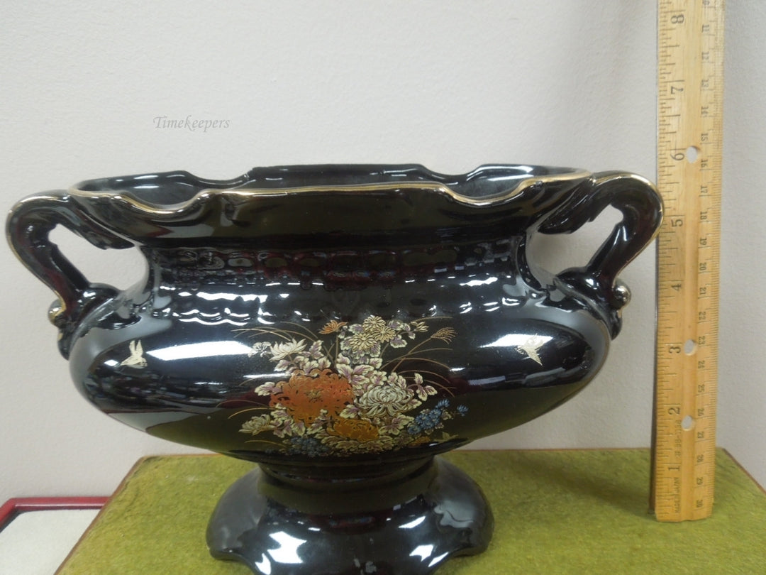 q806 Vintage Asian Black Floral Vase with 2 Handles