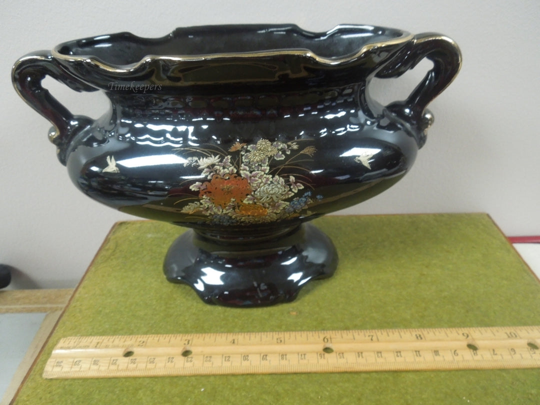 q806 Vintage Asian Black Floral Vase with 2 Handles