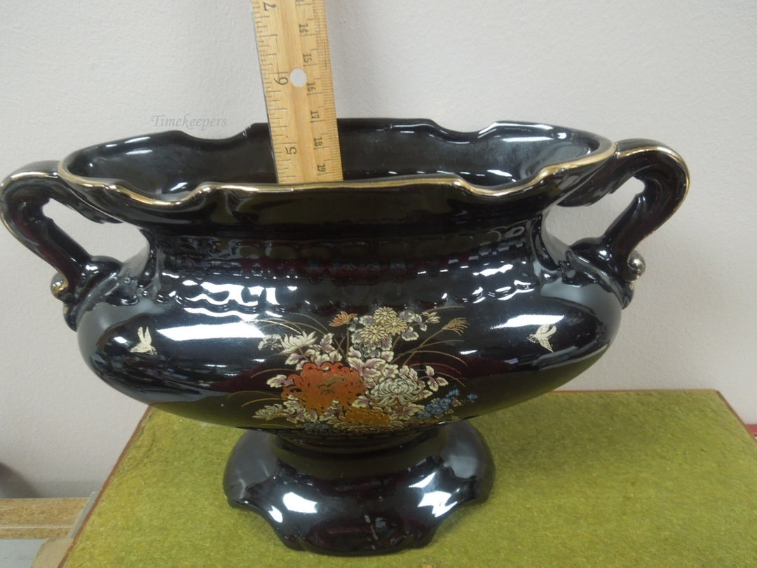 q806 Vintage Asian Black Floral Vase with 2 Handles