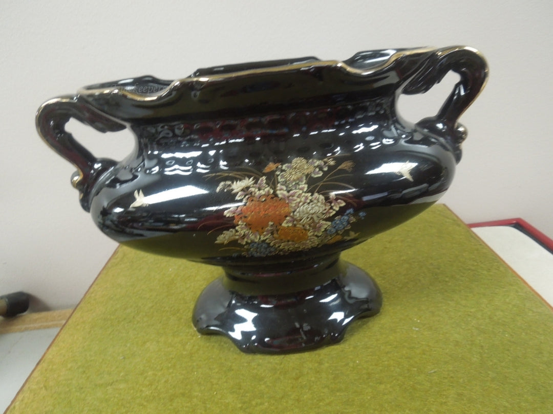 q806 Vintage Asian Black Floral Vase with 2 Handles