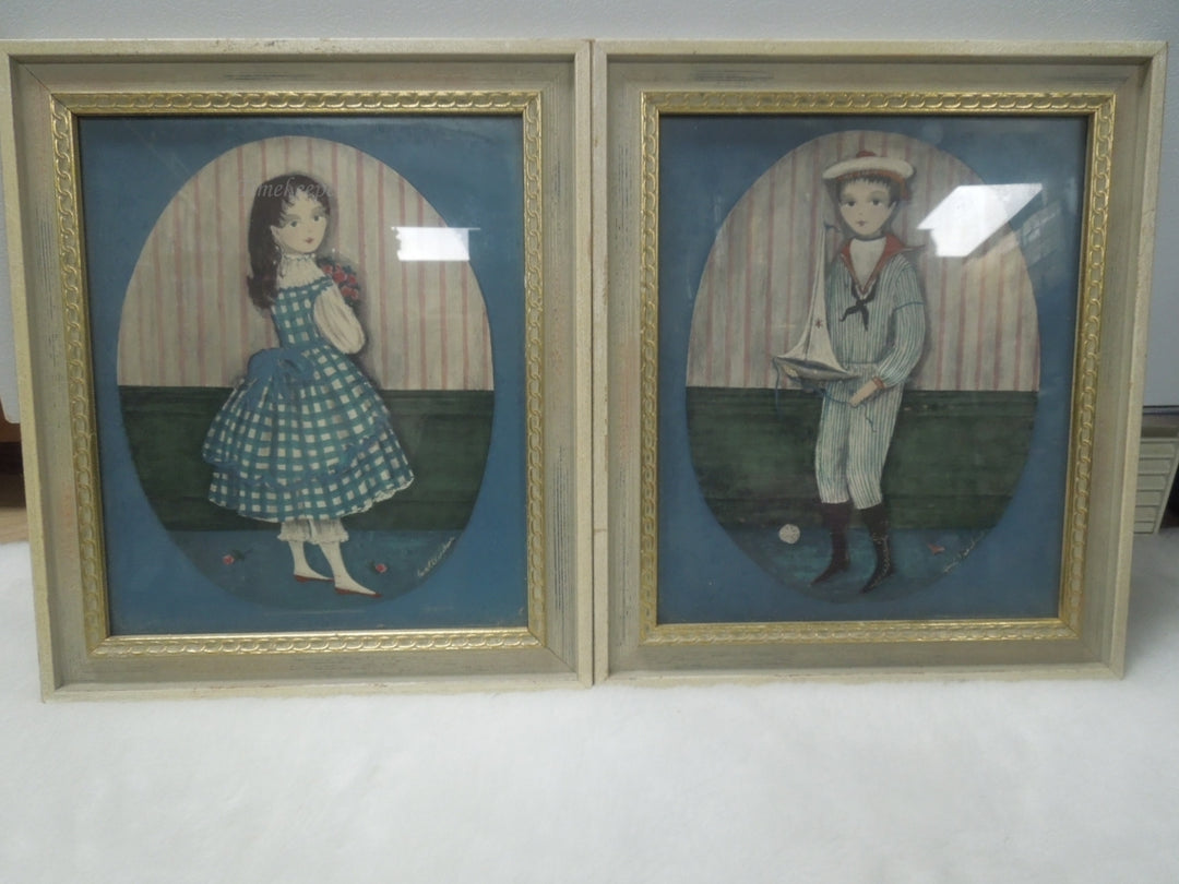 q809 Mid Century Carol Blanchard Folk Art Boy and Girl Framed Wall Hanging - Made in USA by Turner Wall Accessories - Kids Room Art