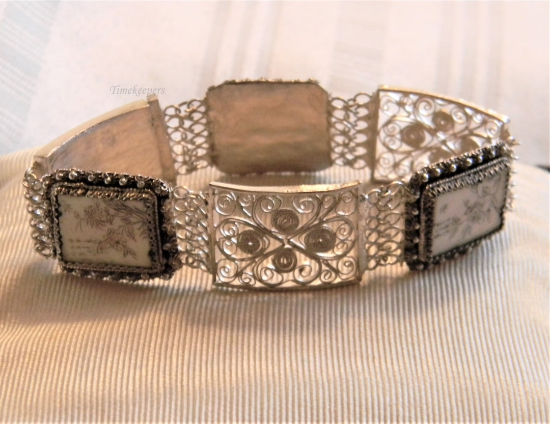 p046 Unique Vintage Filigree and Carved Stone Link Bracelet with Slide Clasp