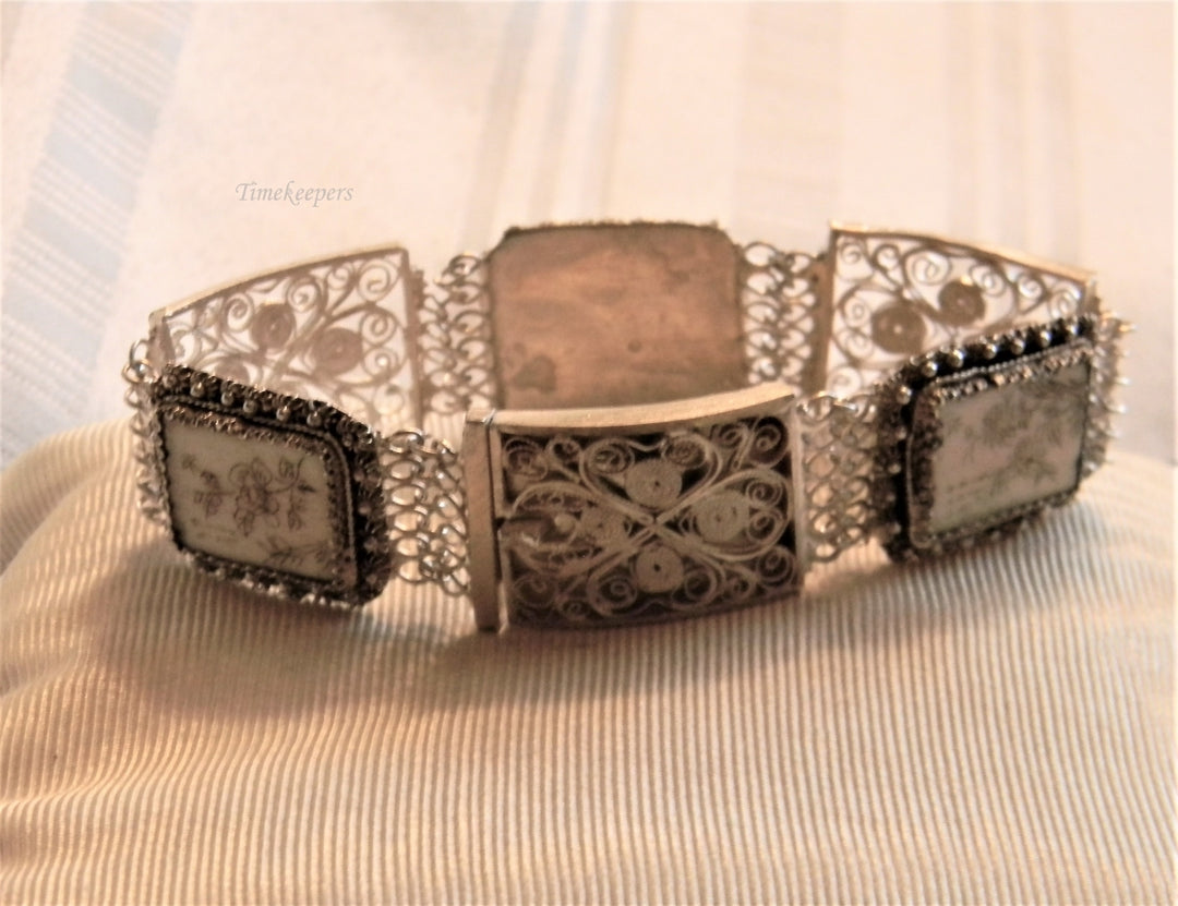 p046 Unique Vintage Filigree and Carved Stone Link Bracelet with Slide Clasp