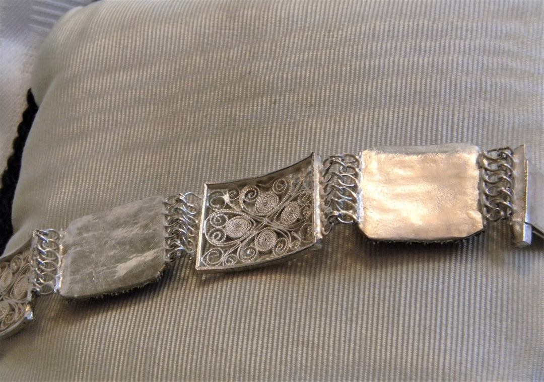 p046 Unique Vintage Filigree and Carved Stone Link Bracelet with Slide Clasp