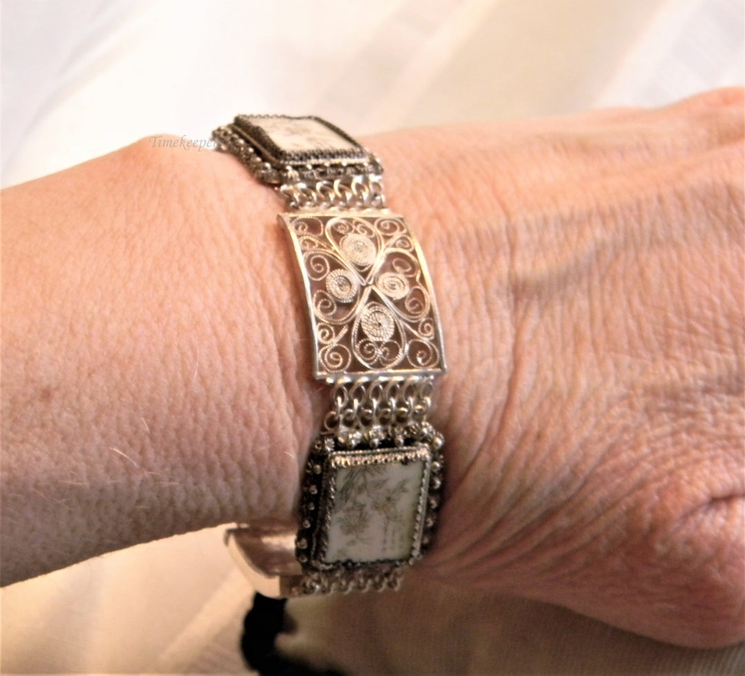 p046 Unique Vintage Filigree and Carved Stone Link Bracelet with Slide Clasp