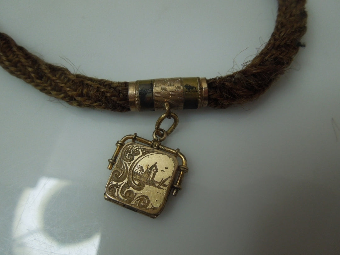q816 Antique Victorian Woven Hair Pocket Watch Chain 1800s Mourning In Memory Braided Brown Hairwork Gold Filled Jewelry