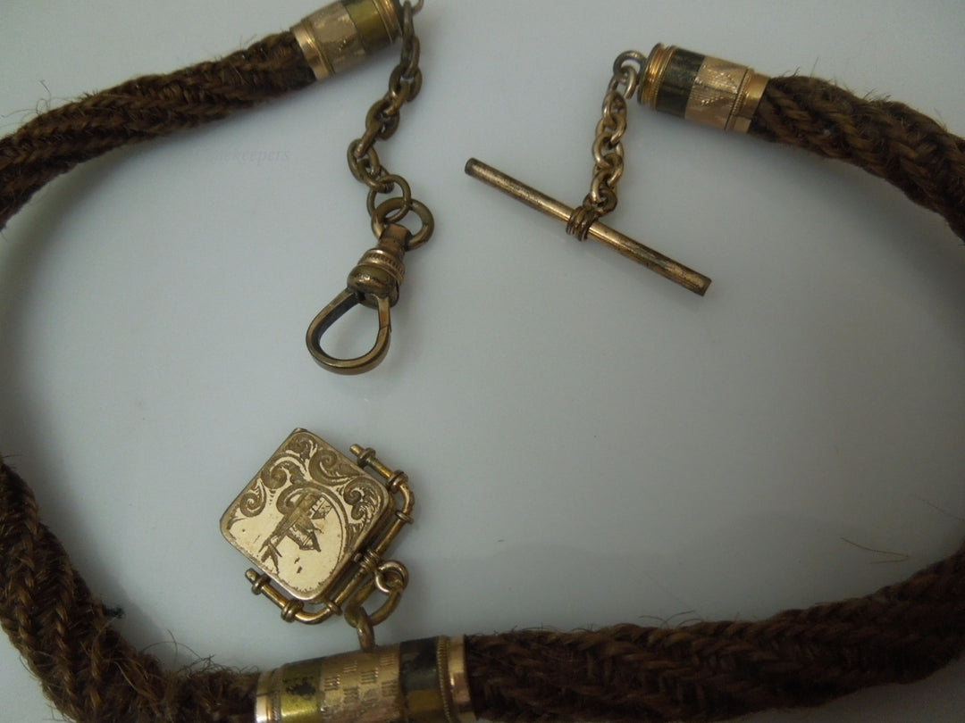 q816 Antique Victorian Woven Hair Pocket Watch Chain 1800s Mourning In Memory Braided Brown Hairwork Gold Filled Jewelry