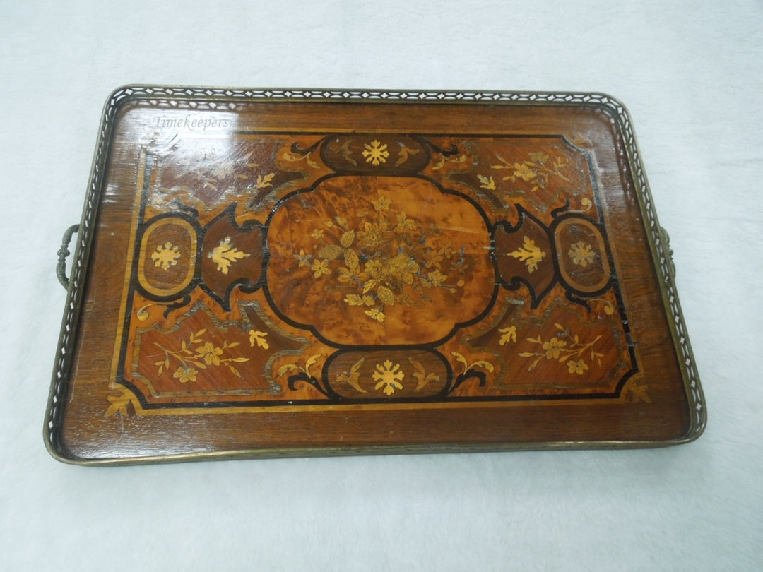 q817 Vintage Serving Tray Floral Wood Inlay Brass Filigree and handles Edge Sorrento Italy Lacquered.