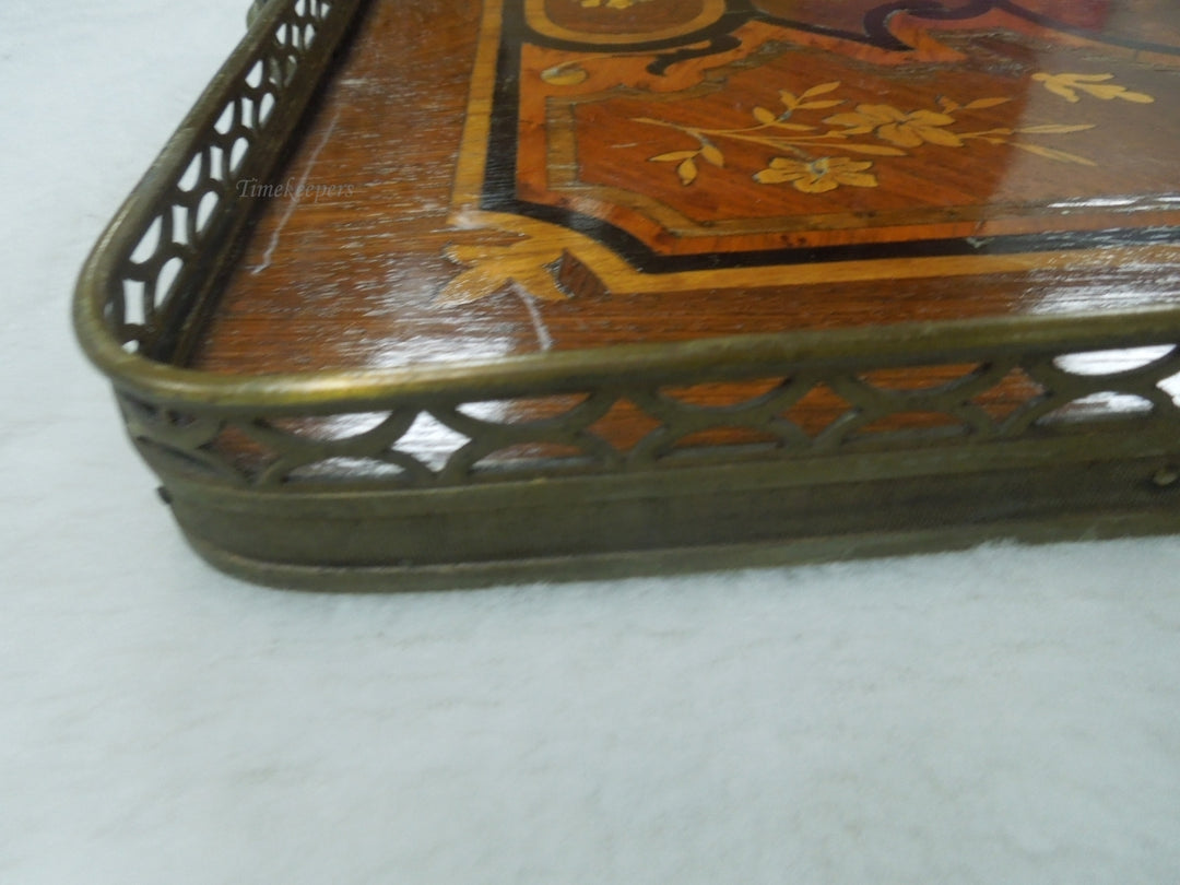 q817 Vintage Serving Tray Floral Wood Inlay Brass Filigree and handles Edge Sorrento Italy Lacquered.