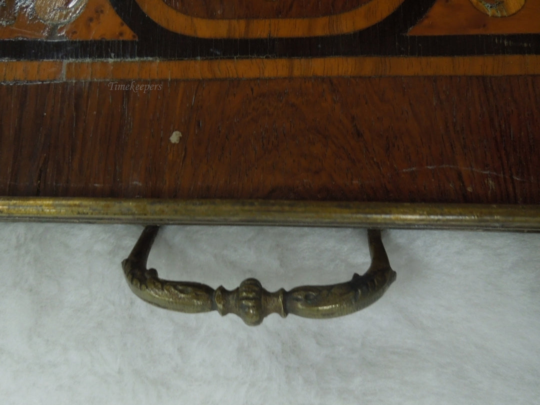 q817 Vintage Serving Tray Floral Wood Inlay Brass Filigree and handles Edge Sorrento Italy Lacquered.