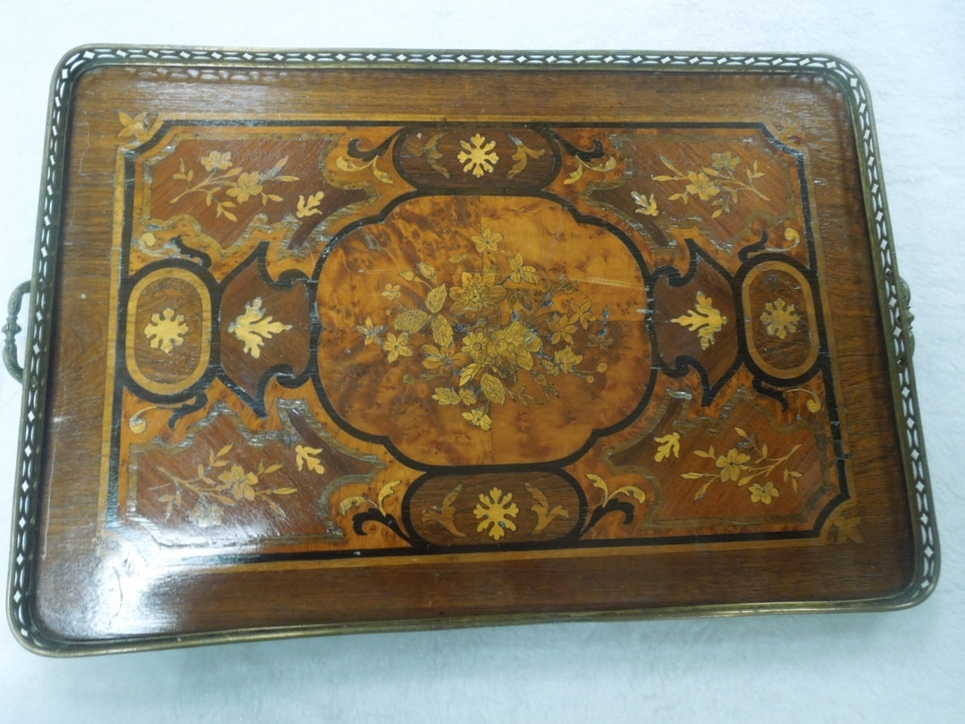 q817 Vintage Serving Tray Floral Wood Inlay Brass Filigree and handles Edge Sorrento Italy Lacquered.