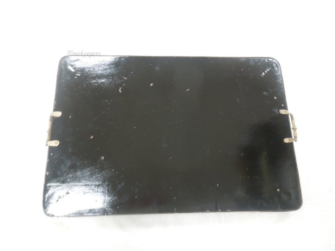 q817 Vintage Serving Tray Floral Wood Inlay Brass Filigree and handles Edge Sorrento Italy Lacquered.