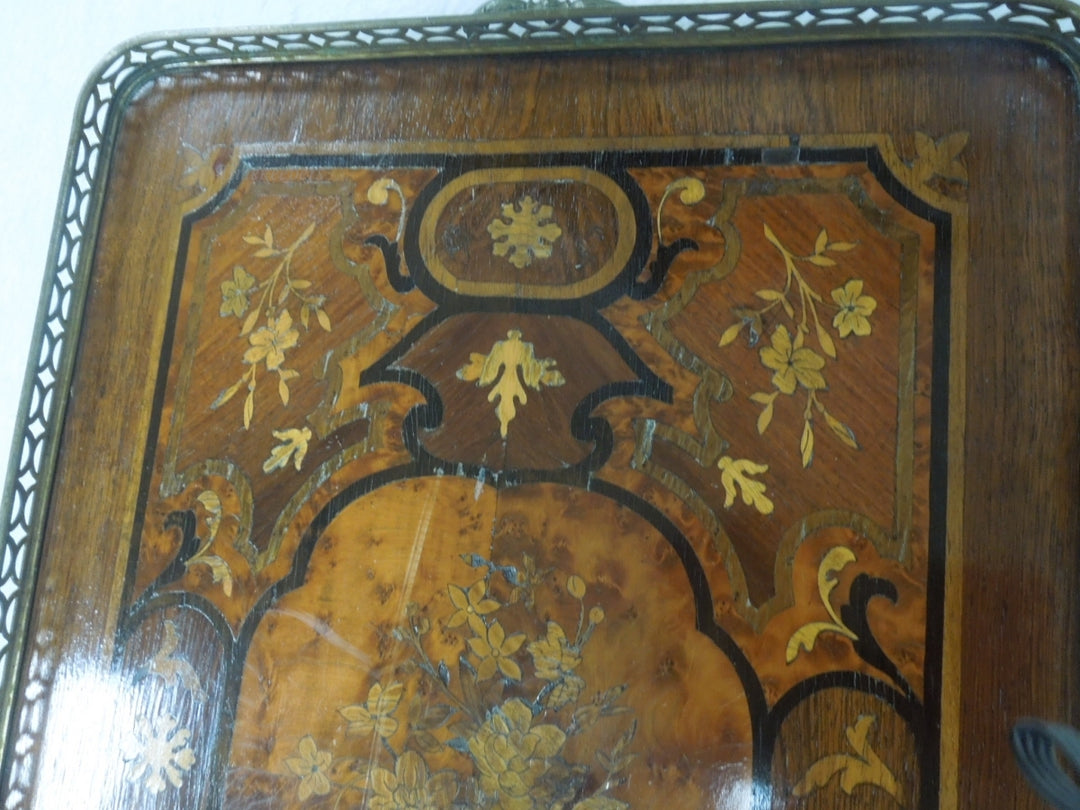 q817 Vintage Serving Tray Floral Wood Inlay Brass Filigree and handles Edge Sorrento Italy Lacquered.