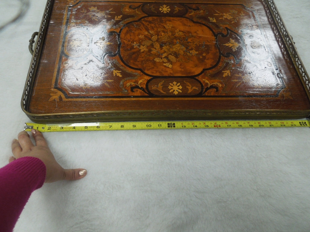 q817 Vintage Serving Tray Floral Wood Inlay Brass Filigree and handles Edge Sorrento Italy Lacquered.