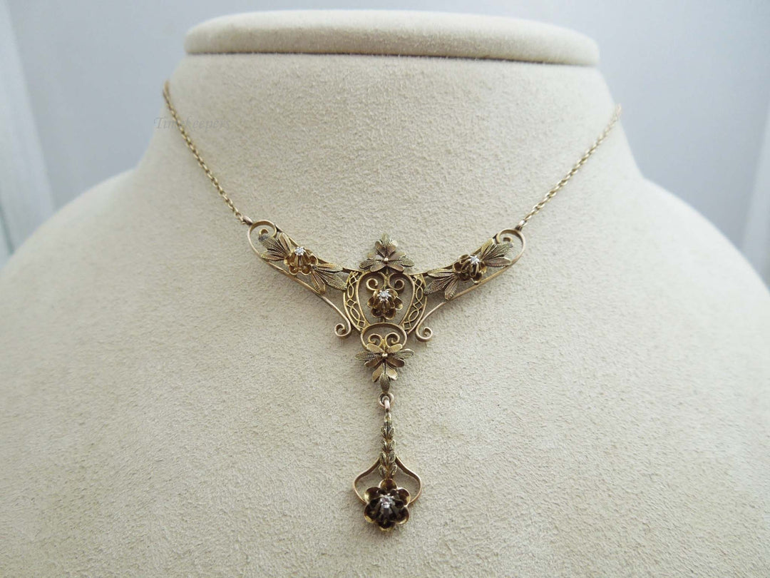 g744 Lovely Ladies Vintage 10kt Yellow Gold Diamond Floral Buttercup Necklace