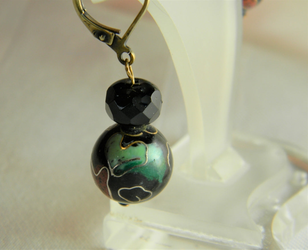 p076 Unique Inlaid Cloisonne Beaded Dangling Earrings in Gold Tone