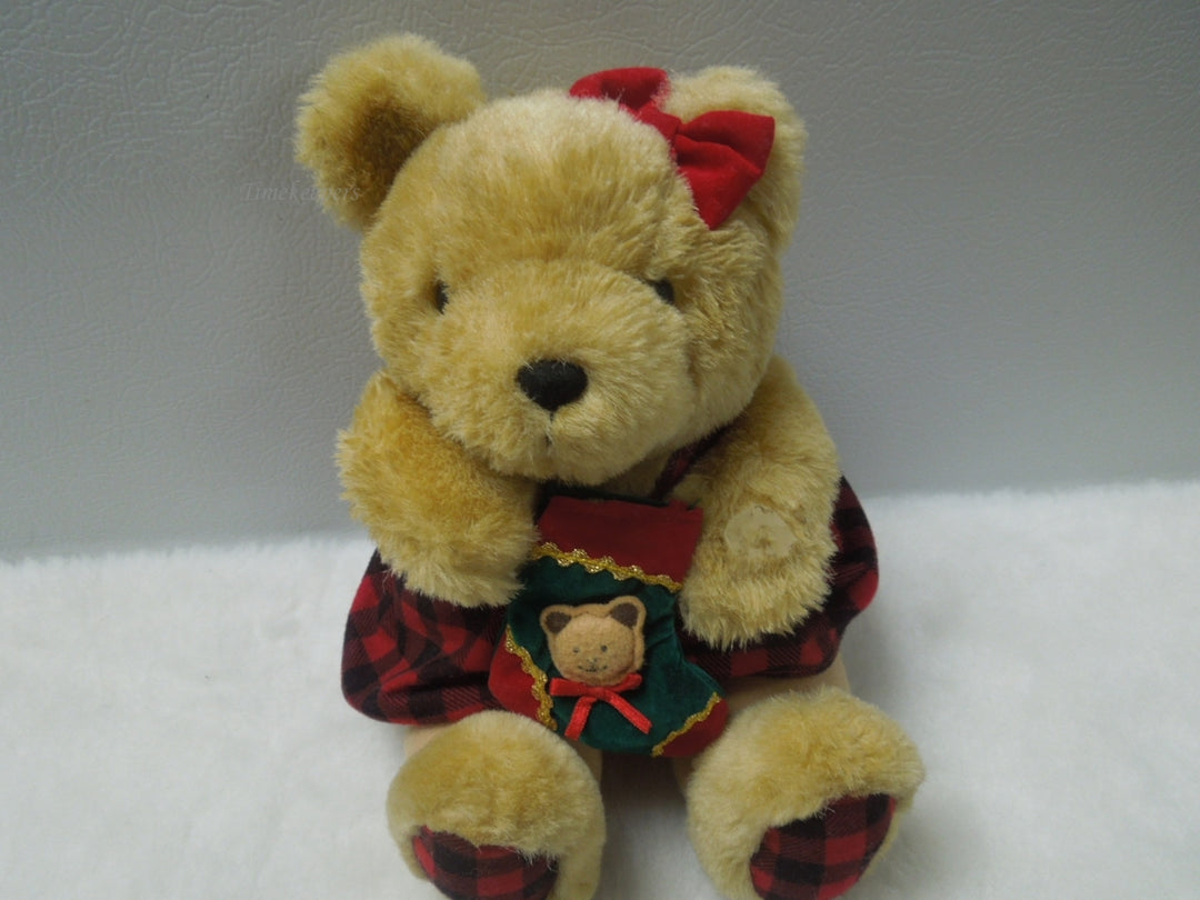 q835 RARE Vintage Chrisha Playful Plush Teddy Bear wear Red Tartan dress 10" Stuffed Animal Toys