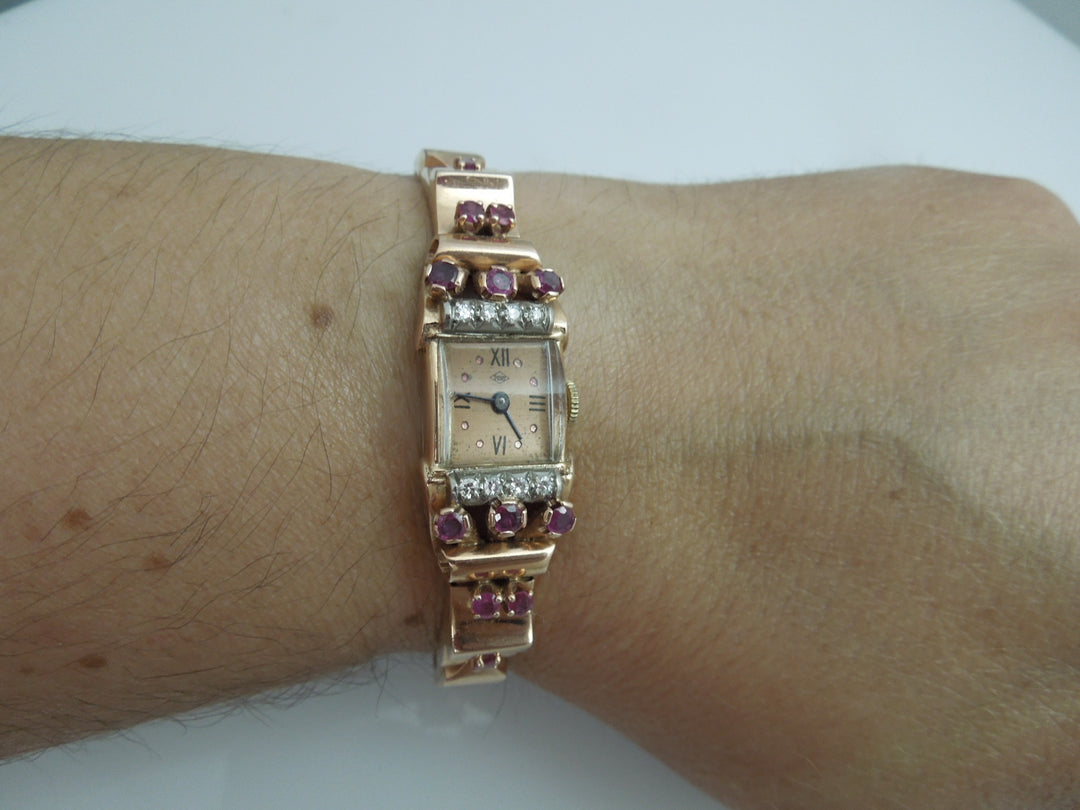 g787 Gorgeous Ladies Antique 14kt Rose Gold Diamond and Ruby Pery Wristwatch