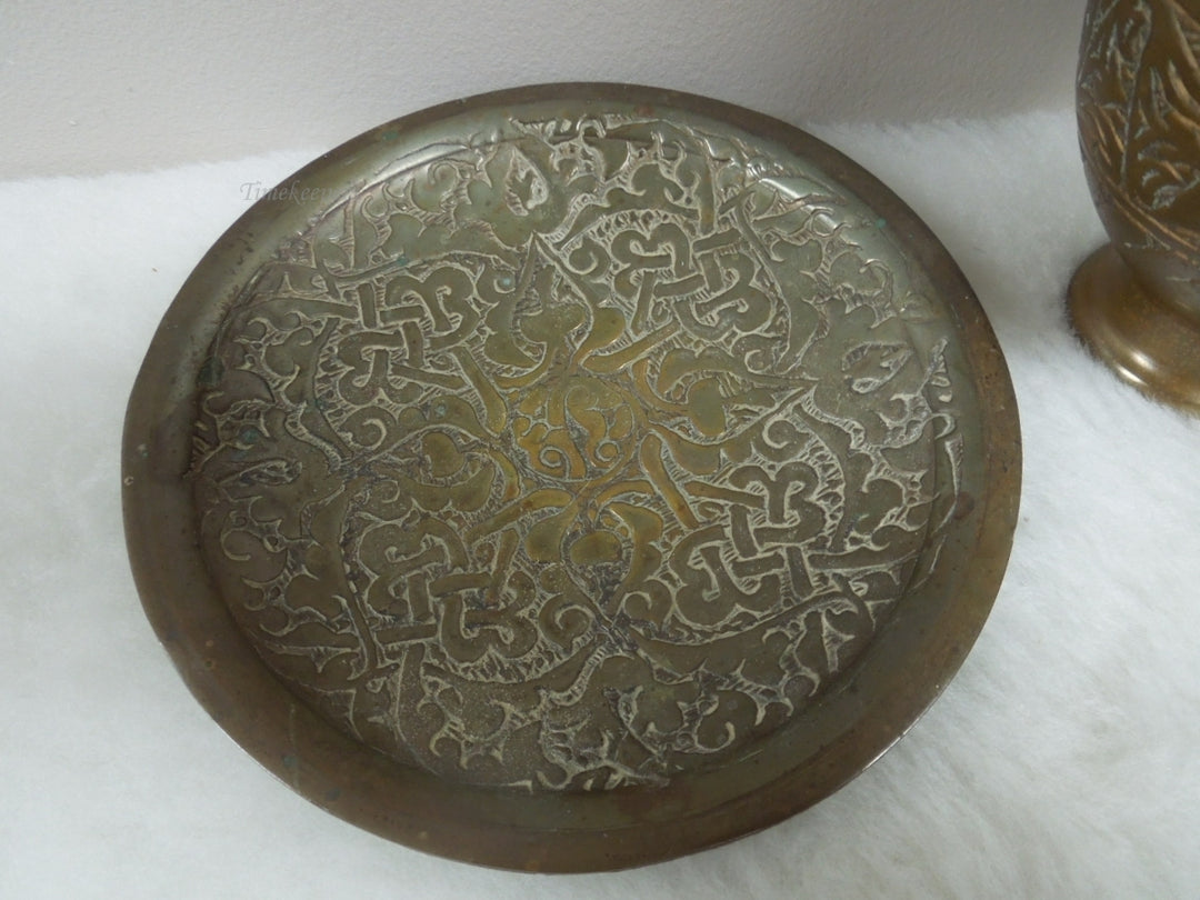 q867 Small Antique Chinese Etched Brass Bud Vase 5" and plate