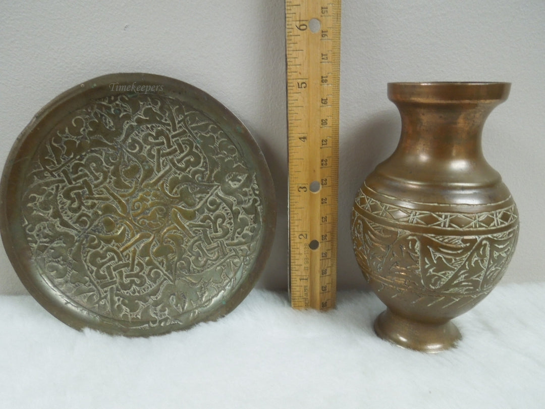 q867 Small Antique Chinese Etched Brass Bud Vase 5" and plate