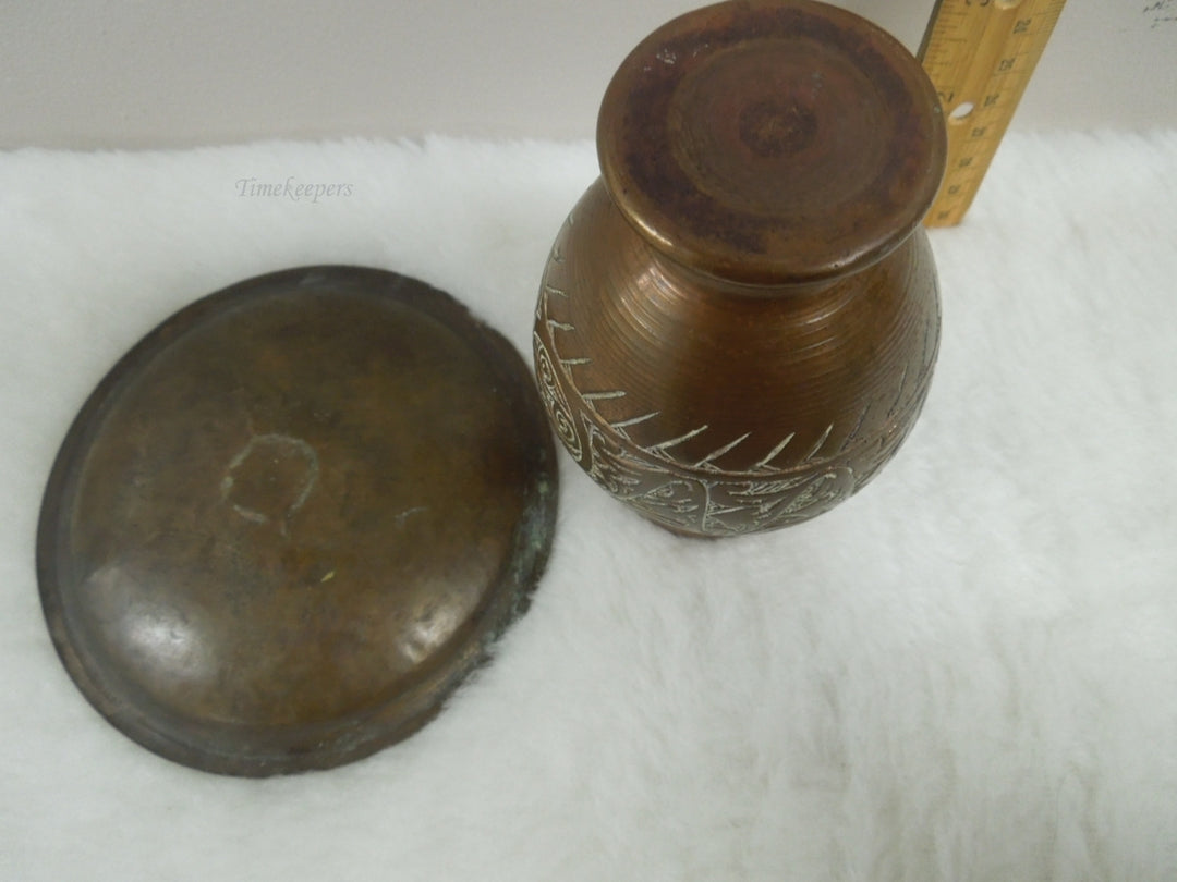 q867 Small Antique Chinese Etched Brass Bud Vase 5" and plate