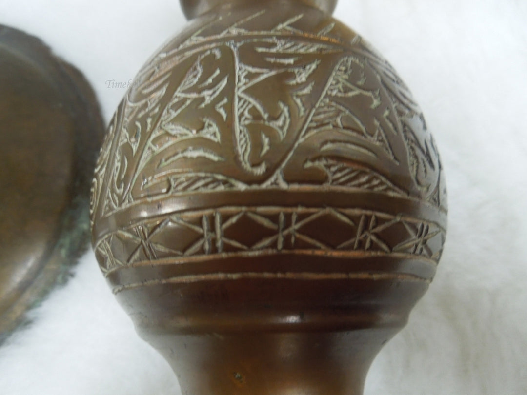 q867 Small Antique Chinese Etched Brass Bud Vase 5" and plate