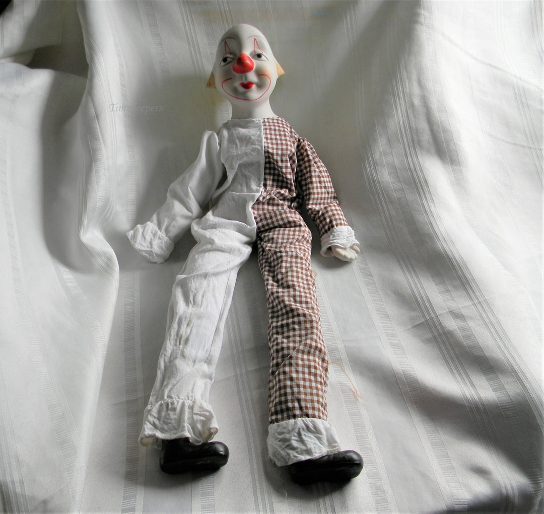 p120 Wonderful Vintage Clown Doll with cloth Body Porcelain Head, Hands, Feet