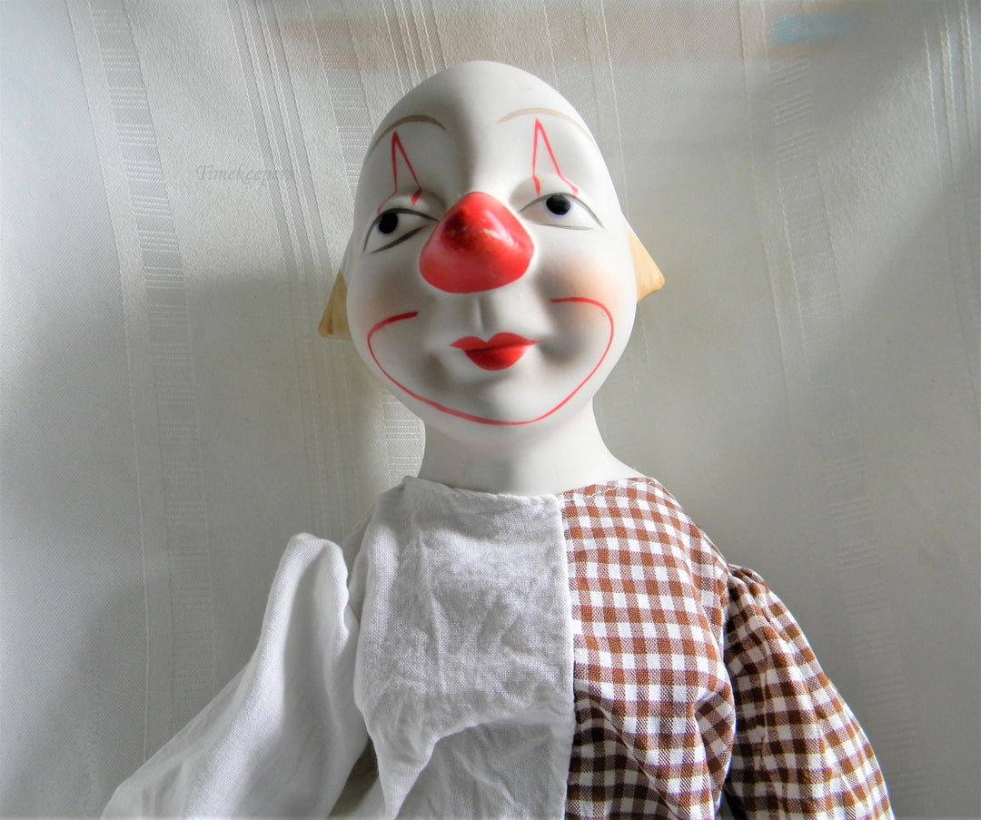 p120 Wonderful Vintage Clown Doll with cloth Body Porcelain Head, Hands, Feet