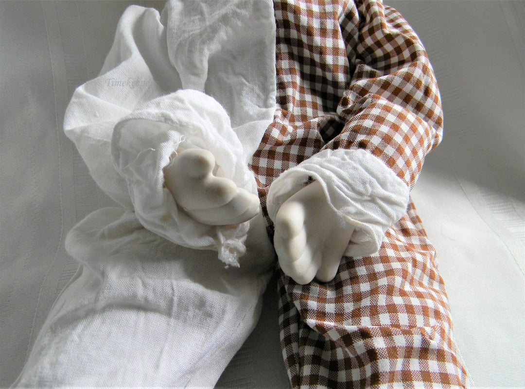p120 Wonderful Vintage Clown Doll with cloth Body Porcelain Head, Hands, Feet