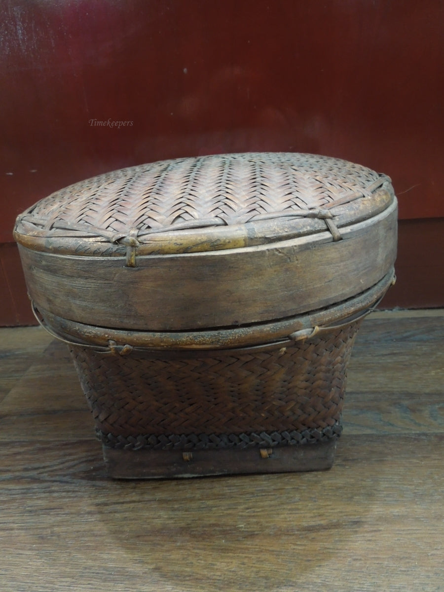 q915 Antique Vintage Akha Thai Round Woven  Rice Basket Bamboo Rare