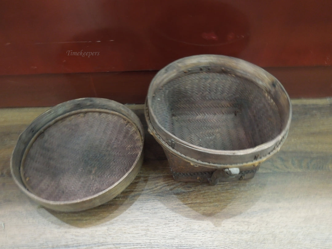 q915 Antique Vintage Akha Thai Round Woven  Rice Basket Bamboo Rare