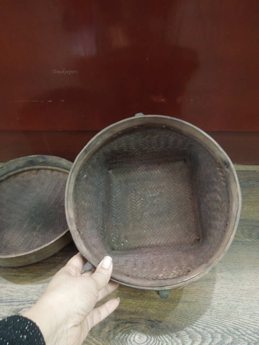 q915 Antique Vintage Akha Thai Round Woven  Rice Basket Bamboo Rare