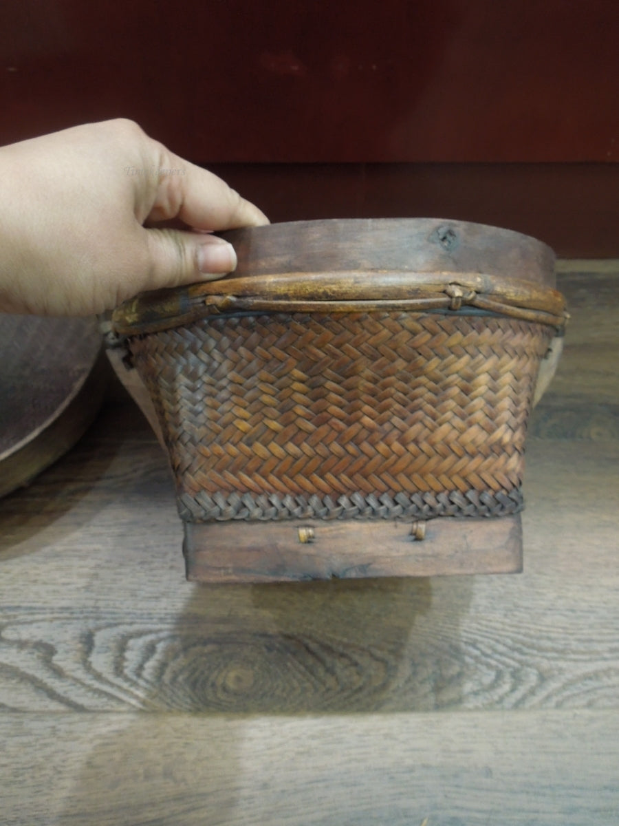 q915 Antique Vintage Akha Thai Round Woven  Rice Basket Bamboo Rare