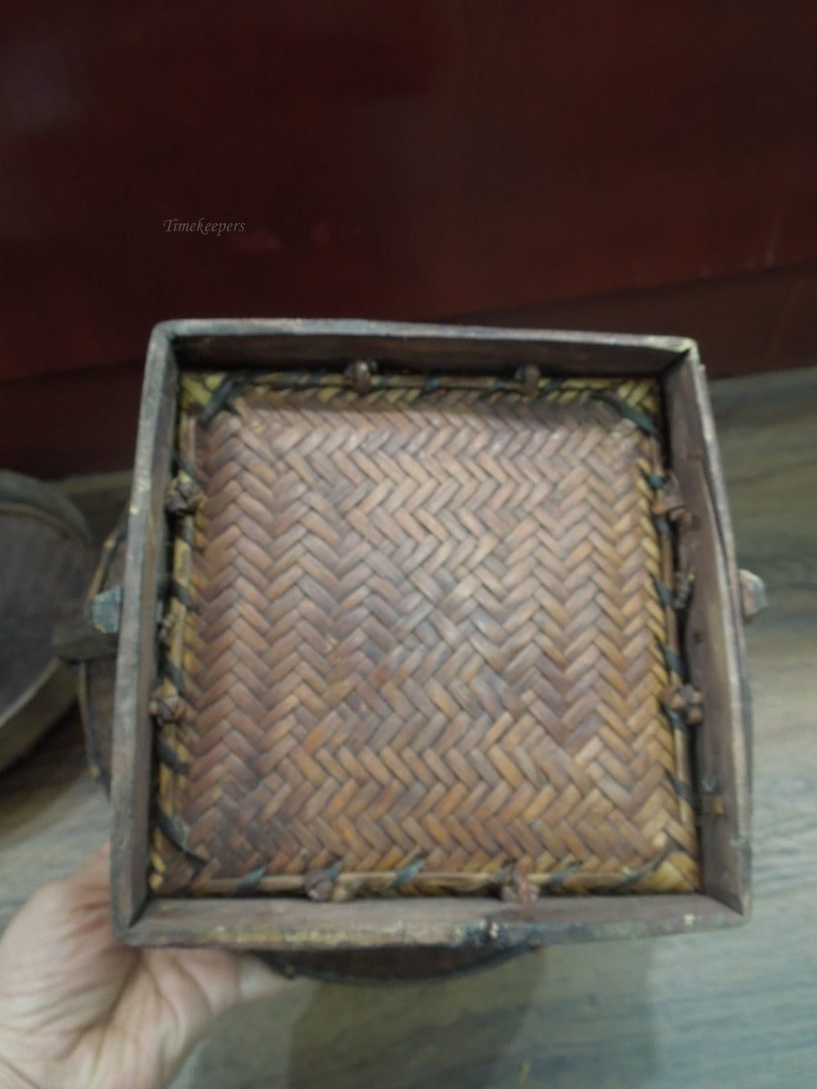 q915 Antique Vintage Akha Thai Round Woven  Rice Basket Bamboo Rare