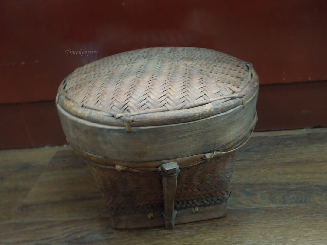 q915 Antique Vintage Akha Thai Round Woven  Rice Basket Bamboo Rare