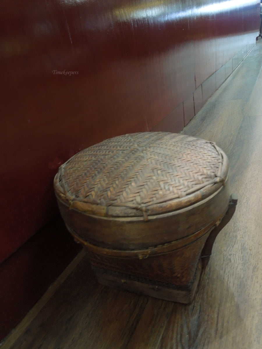 q915 Antique Vintage Akha Thai Round Woven  Rice Basket Bamboo Rare